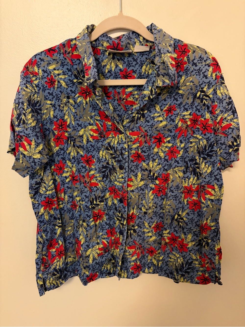 Basic Editions Blue Short-Sleeve Floral Button-Down